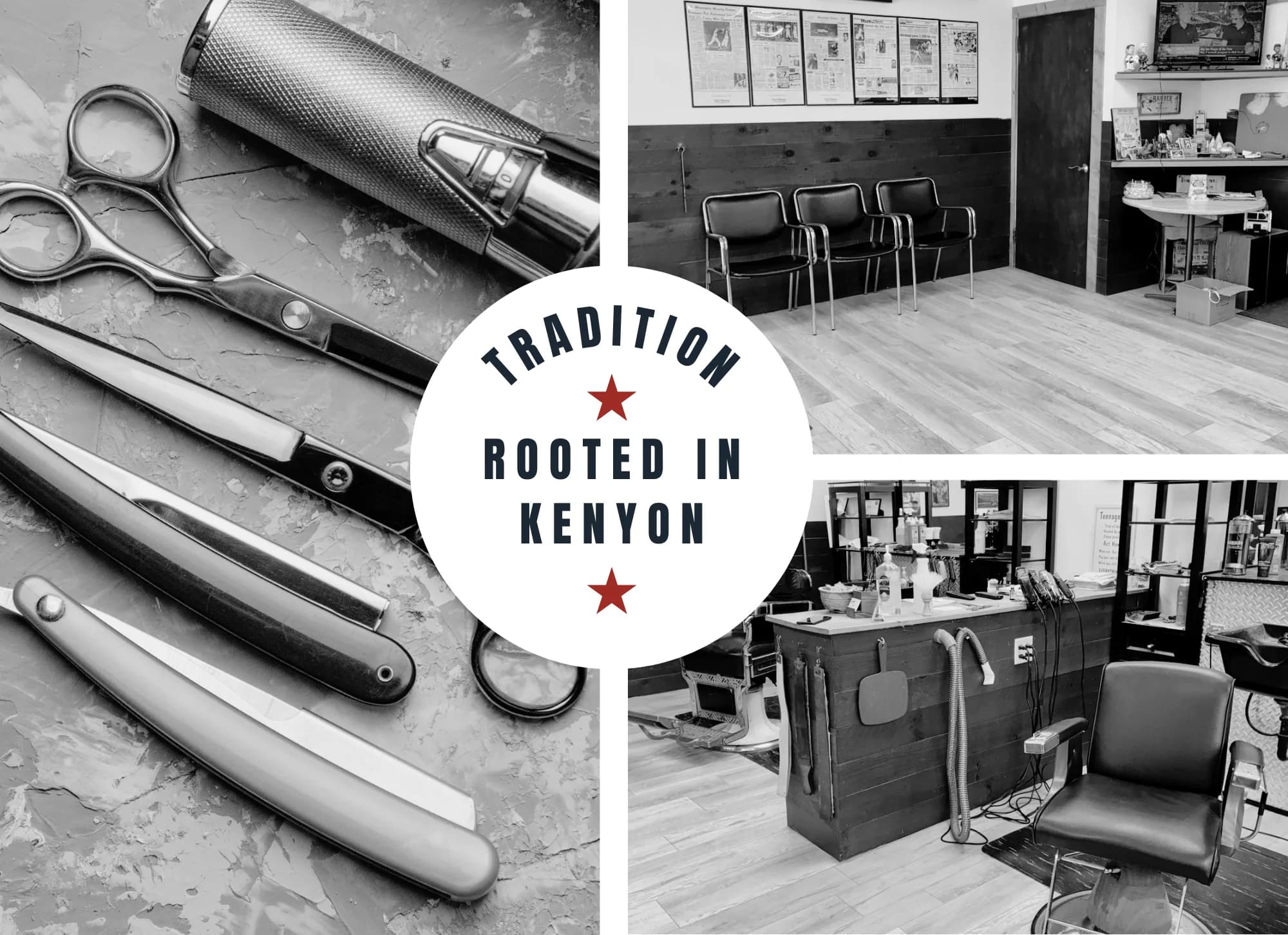 A tradition rooted in Kenyon — barber tools and the shop interior at Kenyon Barber Shop