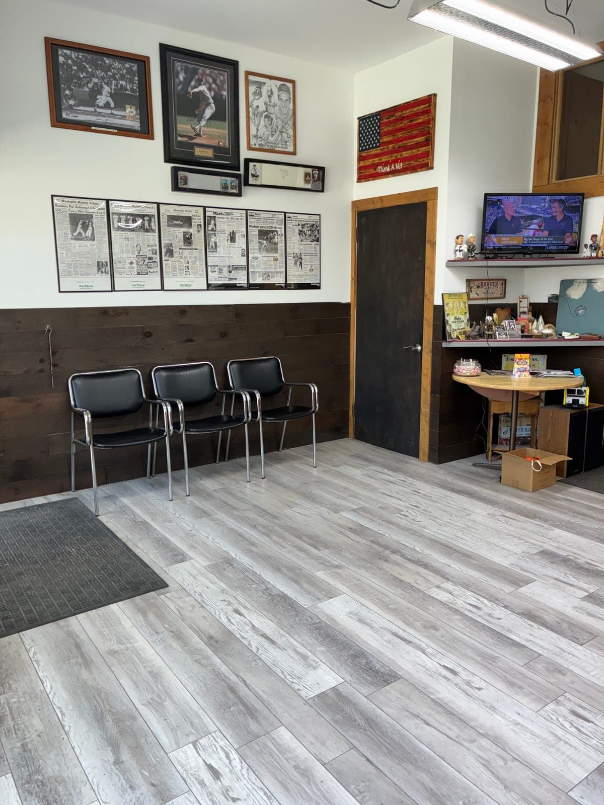 Waiting area with vintage barber decor